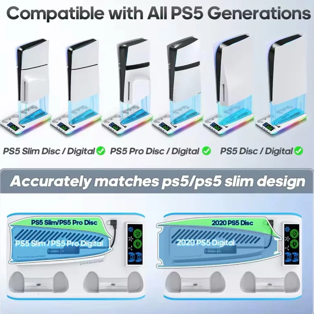 PS5 Disc Digital Slim/pro Stand Cooling Stand Dual Controller Charge Station Led